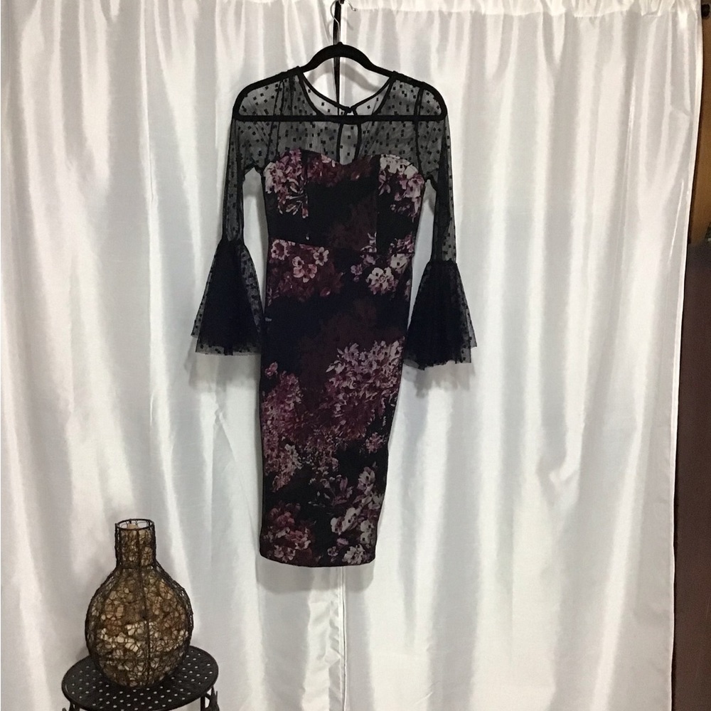 Venus Bodycon Black Floral Mesh Bell Sleeve Dress